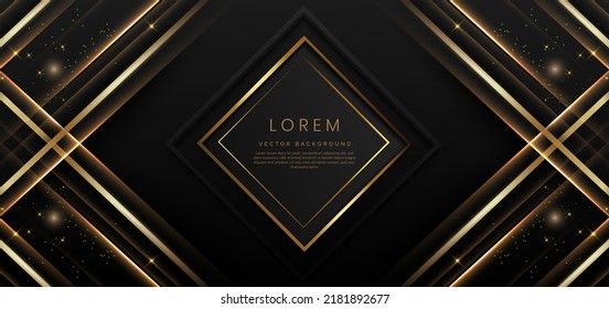 Abstract elegant gold lines diagonal on black background with lighting effect. Luxury square frame with copy space for text. Vector illustration