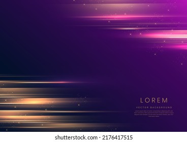 Abstract elegant gold lines horizontal on dark blue and purple background with lighting effect sparkle. Luxury template style with copy space for text. Vector illustration