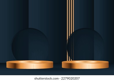 Resumen Elegante podio de oro sobre fondo de cortina oscura.Base vacía de producto dorado sobre fondo negro,3d renderización.