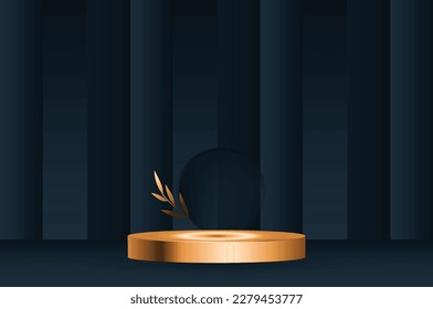 Abstract Elegant Gold podium on Dark curtain background.Empty Golden product stand on black background,3d rendering.