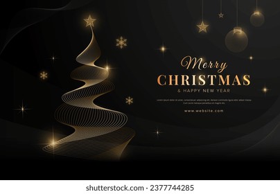 Resumen elegante líneas de onda dorada en el árbol de Navidad, con adornos dorados de Navidad y brillantes chispas en fondo negro. Ilustración vectorial de tarjetas de felicitación de vacaciones, afiche, banner.