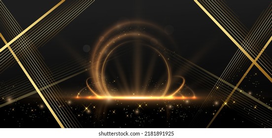 Resumen elegante círculo dorado con efecto de iluminación brillante escena diagonal sobre fondo negro. Diseño de premio de plantilla premium. Ilustración del vector