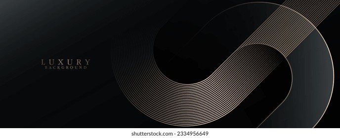 Abstract elegant golden geometric lines on black background. Modern shiny gold diagonal rounded lines pattern. Luxury style. Horizontal banner template with space for your text. Vector illustration