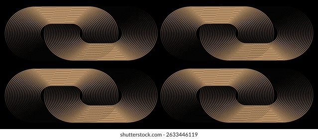 Abstract elegant golden geometric lines on black background. Modern shiny gold diagonal rounded lines pattern. Fancy style with space for your text. Vectors