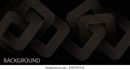 Abstractas líneas geométricas doradas elegantes sobre fondo negro. . Plantilla. Traje para encabezado, cubierta, invitación, Anuncio, patrón de líneas cuadradas redondeadas de oro de Sitio web moderno