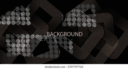 Abstractas líneas geométricas doradas elegantes sobre fondo negro. . Plantilla. Traje para encabezado, cubierta, invitación, Anuncio, patrón de líneas cuadradas redondeadas de oro de Sitio web moderno