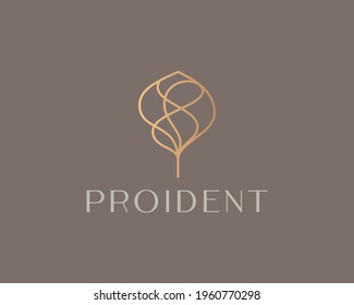 Abstract elegant golden linear tree logo icon vector design. Premium park nature bio relax spa sign logotype.