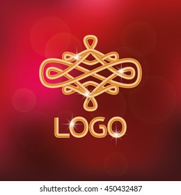 Abstract elegant golden logo icon design. Isolated on red blurred background. Vector illustration. Could be used for logo, tattoo, monogram, web-design, decoration, etc.