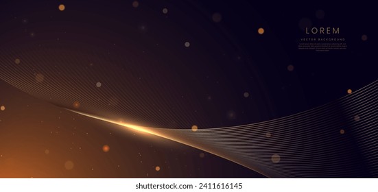 Abstract elegant golden wave lines on black background with lighting effect and sparkle with copy space for text. Luxury design style. Vector illustration