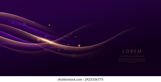 Abstract elegant golden wave on dark purple background with lighting effect and sparkle with copy space for text. Luxury design style. Vector illustration