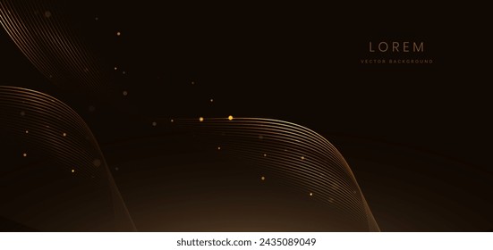 Onda abstracta elegante dorada sobre fondo negro con efecto de iluminación y brillo con espacio de copia para el texto. Diseño de lujo. Ilustración de vector