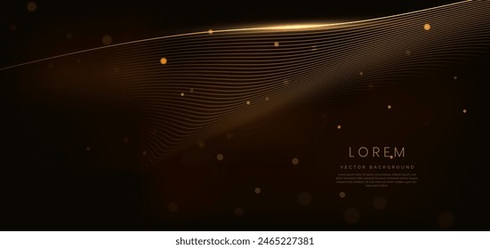 Abstract elegant golden wave on black background with lighting effect and sparkle with copy space for text. Luxury design style. Vector illustration