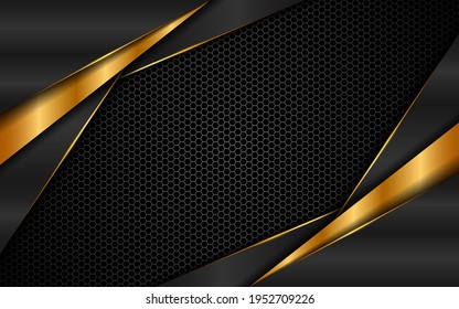 Abstract elegant gray and gold triangular shapes overlapping multiple layers with golden lines on dark steel mesh background. Concept of modern technology innovation
