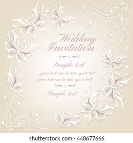 Abstract elegant invitation card. Greeting card with Victorian ornament and butterflies. Wedding, date, Valentine's Day, party, birthday beautiful postcard and invitation, booklets. Template cards.