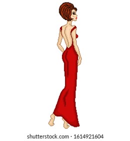 Abstract of elegant lady in red long dress with closed eyes, color pixelated illustration, can be used in embroidery