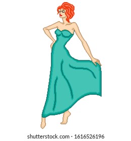 Abstract of elegant lady in turquoise long dress with closed eyes, color pixelated illustration, can be used in embroidery