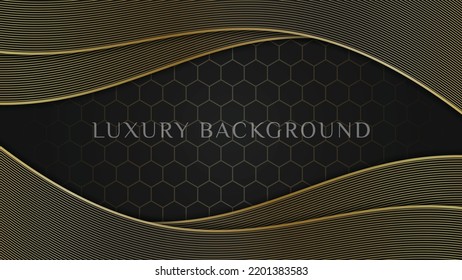 Abstract elegant luxury dark black background with gold wavy lines texture