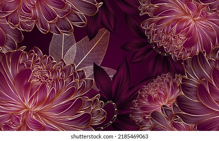 Abstract elegant 
luxury gold seamless pattern with hand-drawn chrysanthemums flowers and leaves. Pattern for creating packaging, wallpaper, fabric.