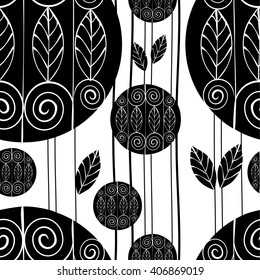 Abstract elegant monochrome background of leaves, strips of intersecting circles.