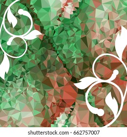 Abstract elegant mosaic backdrop with floral silhouettes. Geometric low polygonal background. Design element for book covers, greeting cards, title backgrounds. Vector clip art.