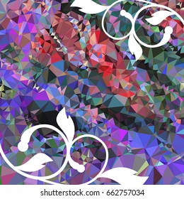 Abstract elegant mosaic backdrop with floral silhouettes. Geometric low polygonal background. Design element for book covers, greeting cards, title backgrounds. Vector clip art.
