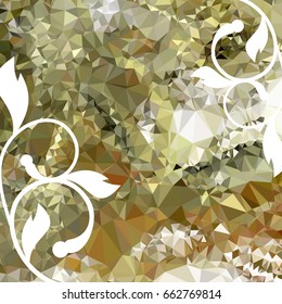 Abstract elegant mosaic backdrop with floral silhouettes. Geometric low polygonal background. Design element for book covers, greeting cards, title backgrounds. Vector clip art.