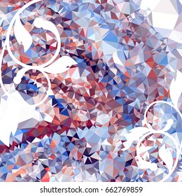 Abstract elegant mosaic backdrop with floral silhouettes. Geometric low polygonal background. Design element for book covers, greeting cards, title backgrounds. Vector clip art.
