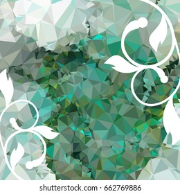 Abstract elegant mosaic backdrop with floral silhouettes. Geometric low polygonal background. Design element for book covers, greeting cards, title backgrounds. Vector clip art.