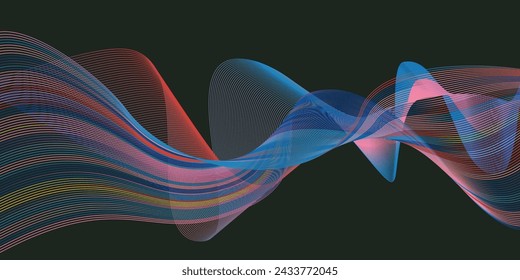 Abstract elegant multicoloured waves on black background. Vector modern backdrop with 3D color gradient lines. Simple minimalistic presentation design. Digital frequency track equalizer