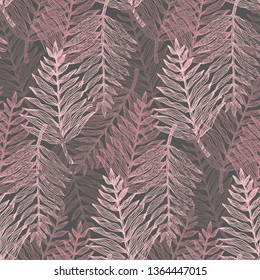 Abstrakte elegante, hellrosa und rote tropische Blätter nahtloses Muster. Trendy Coral monochrome Vektorexotische Farn Blätter Textur für Textilien, Umhüllungspapier, Oberfläche, Cover, Web-Design, Hintergrund