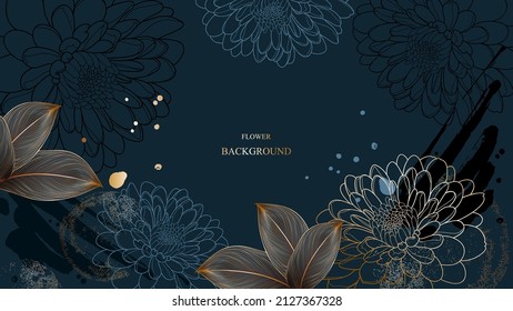 Abstract elegant  pattern with hand-drawn chrysanthemums flowers, leaves and watercolor blots. Pattern for creating packaging, wallpaper, fabric.