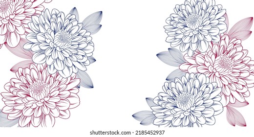 Abstract elegant  pattern with hand-drawn chrysanthemums flowers and leaves. Pattern for creating packaging, wallpaper, fabric.