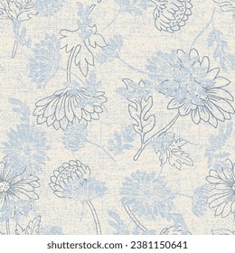 Abstract elegant pattern with hand-drawn linen grunge textured chrysanthemums flowers and leaves on blue background. can be used for textile.