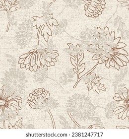 Abstract elegant pattern with hand-drawn linen grunge textured chrysanthemums flowers and leaves on brown background. can be used for textile.