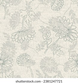 Abstract elegant pattern with hand-drawn linen grunge textured chrysanthemums flowers and leaves on green background. can be used for textile.