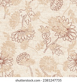 Abstract elegant pattern with hand-drawn linen grunge textured chrysanthemums flowers and leaves on dark red background. can be used for textile.