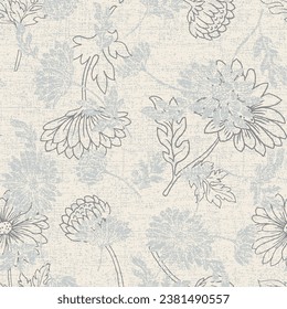 Abstract elegant pattern with hand-drawn linen grunge textured chrysanthemums flowers and leaves on grey background. can be used for textile.