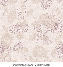 Abstract elegant pattern with hand-drawn linen grunge textured chrysanthemums flowers and leaves on purple background. can be used for textile.