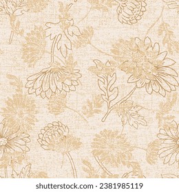 Abstract elegant pattern with hand-drawn linen grunge textured chrysanthemums flowers and leaves on beige background. can be used for textile.