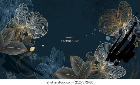 Abstract elegant  pattern with hand-drawn orchid flower, leaves and watercolor blots. Pattern for creating packaging, wallpaper, fabric.