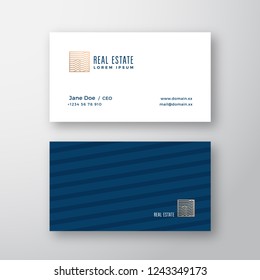 Abstract Elegant Real Estate Vector Logo and Business Card Template. Premium Stationary Realistic Mock Up. Geometry Style and Soft Shadows. Isolated.