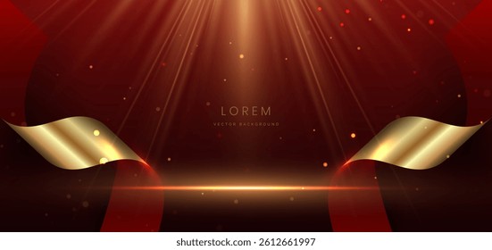 Abstract elegant red background with gold ribbon effect sparkle. Template premium award design. Vector illustration
