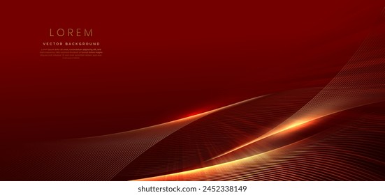 Abstractas fondo rojo elegante con líneas curvas doradas y brillo de efecto de iluminación. Diseño de Plantilla de lujo. Ilustración vectorial