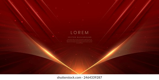 Abstract elegant red background with golden curved lines and lighting effect sparkle. Luxury template award design. Vector illustration