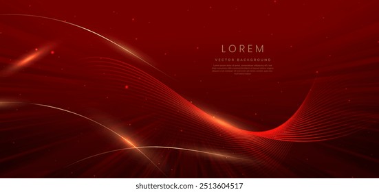 Abstract elegant red background with golden curved lines and lighting effect sparkle. Luxury template award design. Vector illustration