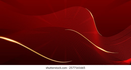 Abstract elegant red background with golden curved lines and lighting effect sparkle. Luxury template award design. Vector illustration