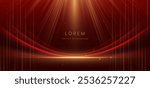 Abstract elegant red curved ray with gold lighting effect sparkle on dark red background. Template premium award design. Vector illustration