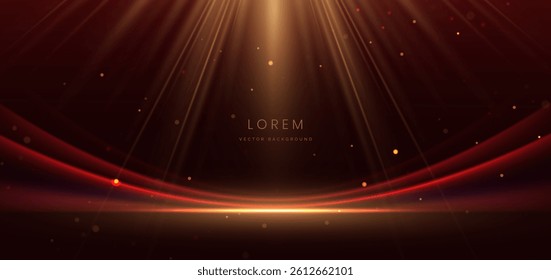 Abstract elegant red curved ray with gold lighting effect sparkle on dark red background. Template premium award design. Vector illustration