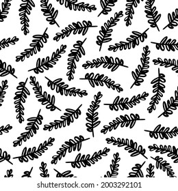 Abstract elegant seamless black and white pattern of lined botanical floral motifs of plants and leaves. Perfect for textiles, sheets, surfaces, wallpapers, wrapping paper, decorations