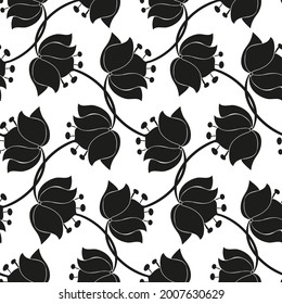 Abstrakte elegante, nahtlose Schwarz-Weiß-Muster gesäumter botanischer Blumenmotive. Perfekt für Textilien, Laken, Oberflächen, Wallpaper, Umhüllungspapier, Dekorationen